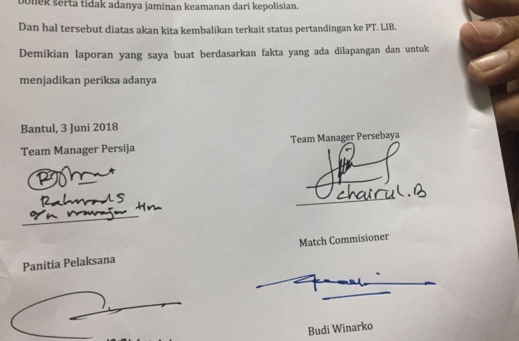 Surat pembatalan laga Persija vs Persebaya. (Sumber: Istimewa)