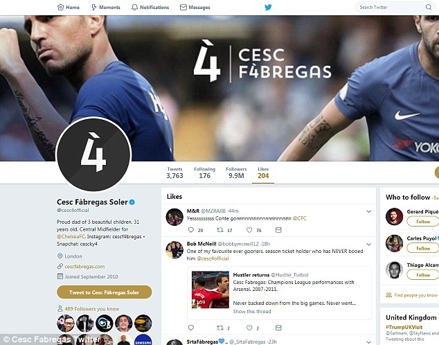 Cesc Fabregas menyukai cuitan salah seorang netizen/Sportbible