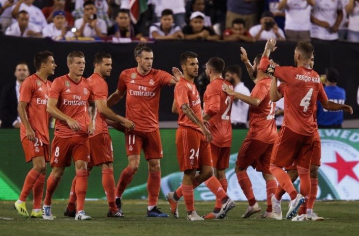 Para penggawa Real Madrid merayakan gol ke gawang AS Roma (Eduardo Munoz Alvarez/AFP)