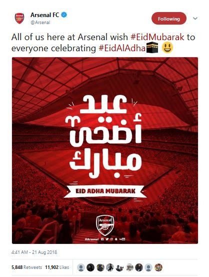 Ucapan Selamat Hari Raya Idul Adha dari Arsenal (@Arsenal/Twitter)