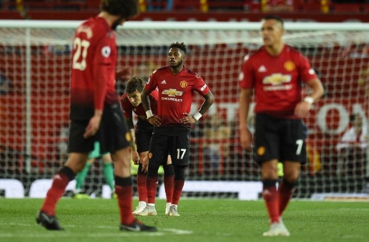 Ekspresi pemain Manchester United saat Tottenham Hotspur mencetak gol ketiganya (Oli Scarff/AFP)