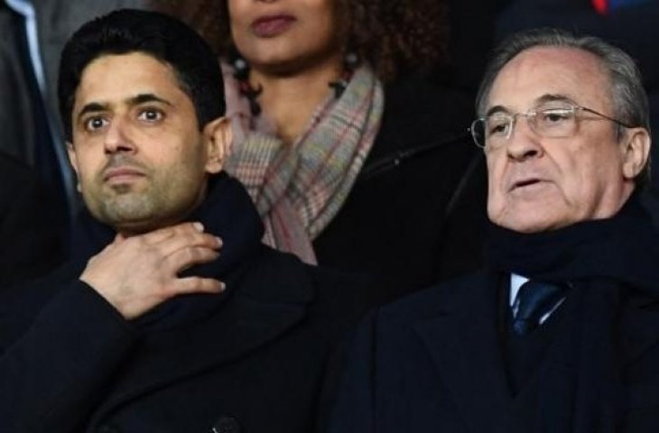 Presiden klub PSG Nasser Al-Khelaifi (kiri) bersama presiden Real Madrid Florentino Perez [AFP]