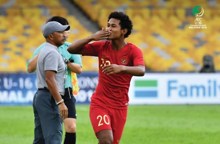 Pemain Timnas Indonesia U-16, Amiruddin Bagus Kahfi merayakan gol ke gawang Iran U-16 di Stadion Nasional Bukit Jalil, Kuala Lumpur Malaysia di Piala Asia U-16, Jumat, (21/9/2018) (AFC)