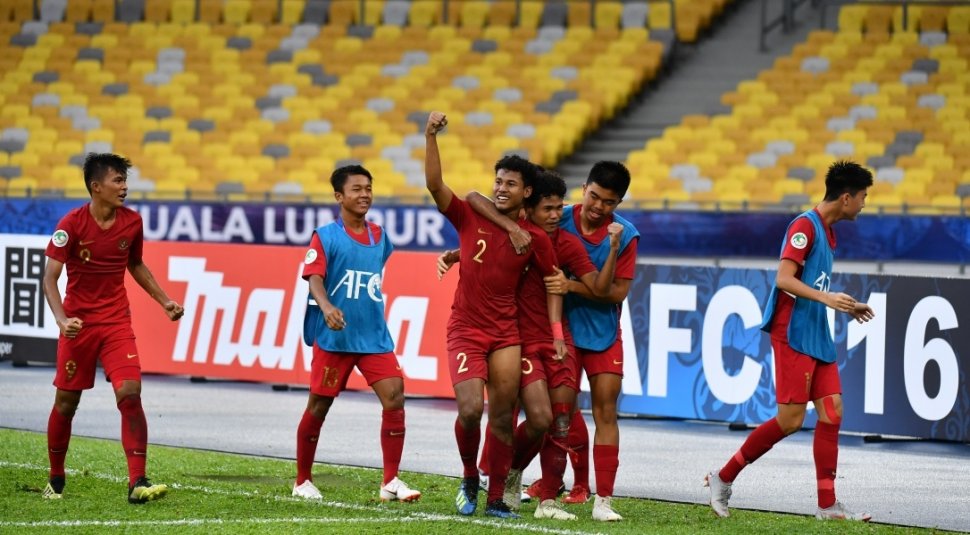 Para pemain Timnas Indonesia U-16 merayakan gol Bagas Kaffa ke gawang Iran (Sumber: PSSI)