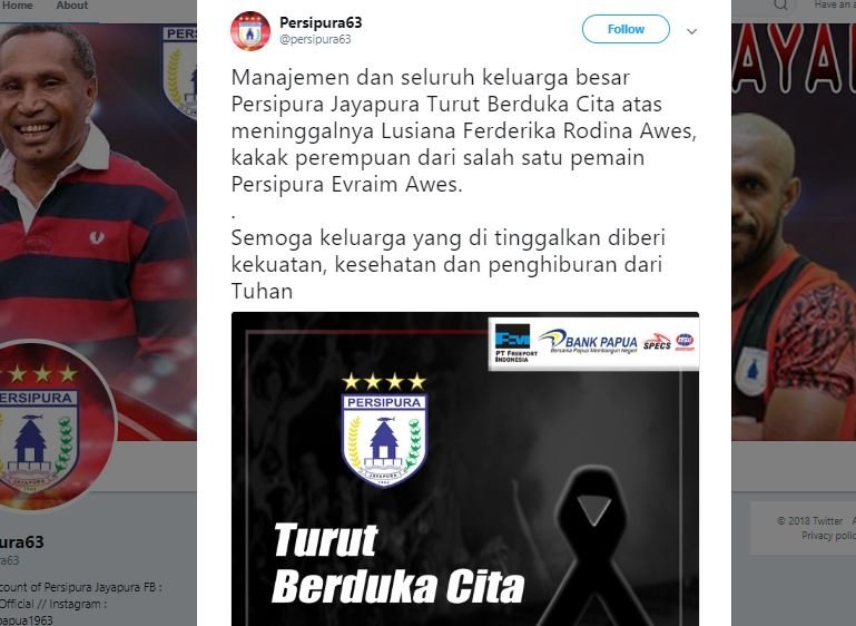 Doa untuk Palu. (Twitter/@Persipura63).