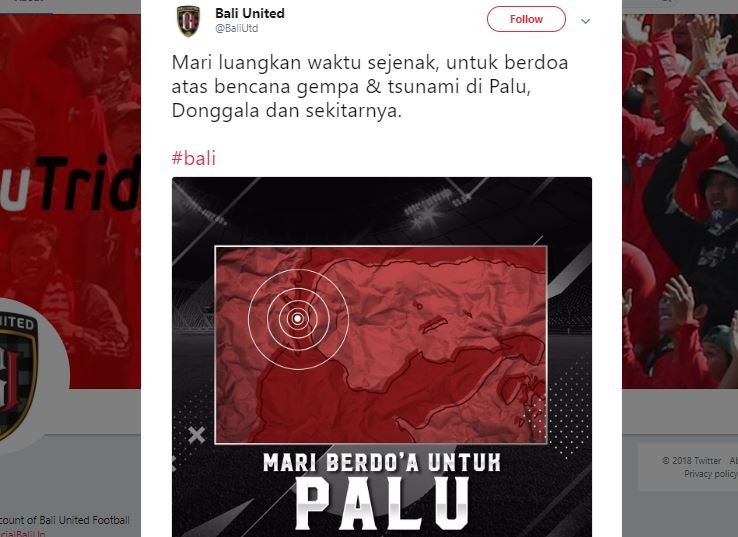 Doa untuk Palu. (Twitter/@Baliutd).