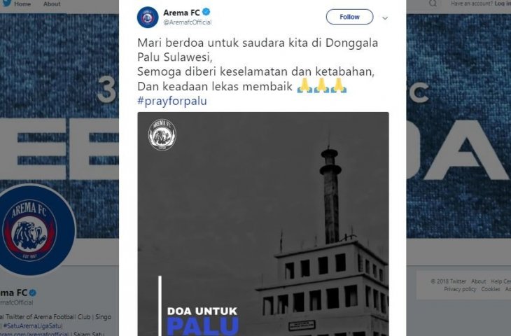 Doa untuk Palu. (Twitter/@Aremafcofficial).