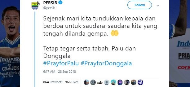 Doa untuk Palu. (Twitter/@Persib).