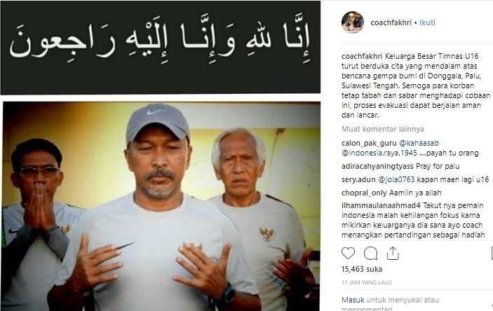 Doa untuk Palu. (Instagram/@coachfakhri).