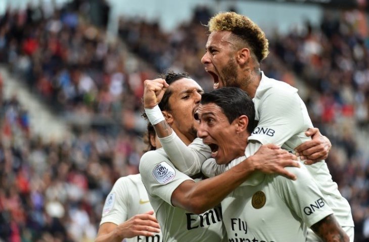 Angel Di Maria, Neymar, dan  Marquinhos merayakan gol saat melawan Rennes pada 23 September 2018 (Jean Francois Monier/AFP)