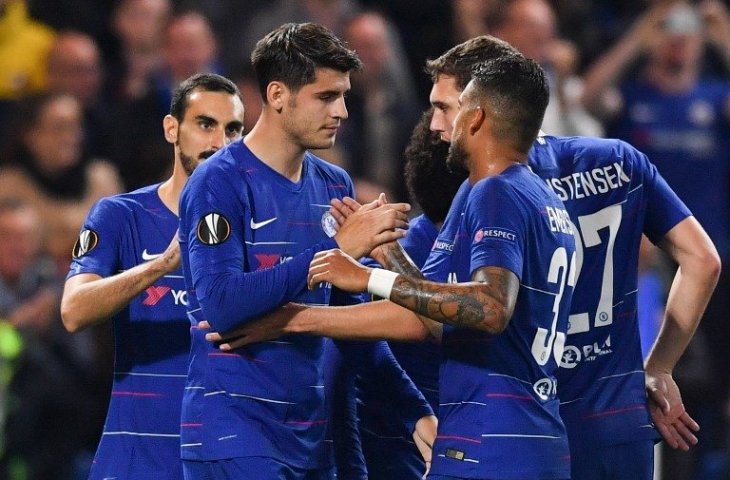 Pemain Chelsea merayakan gol Alvaro Morata ke gawang Vidi pada 4 Oktober 2018 (Ben Stansall/AFP)