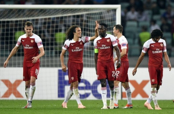 Pemain Arsenal merayakan gol Matteo Guendouzi ke gawang Qarabag pada 4 Oktober 2018 (Alexander Nemenov/AFP)