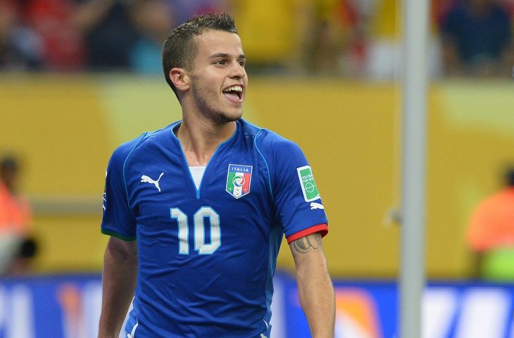 Pemain Timnas Italia Sebastian Giovinco merayakan gol ke gawang Jepang saat Piala Konfederasi FIFA 2013 (AFP)