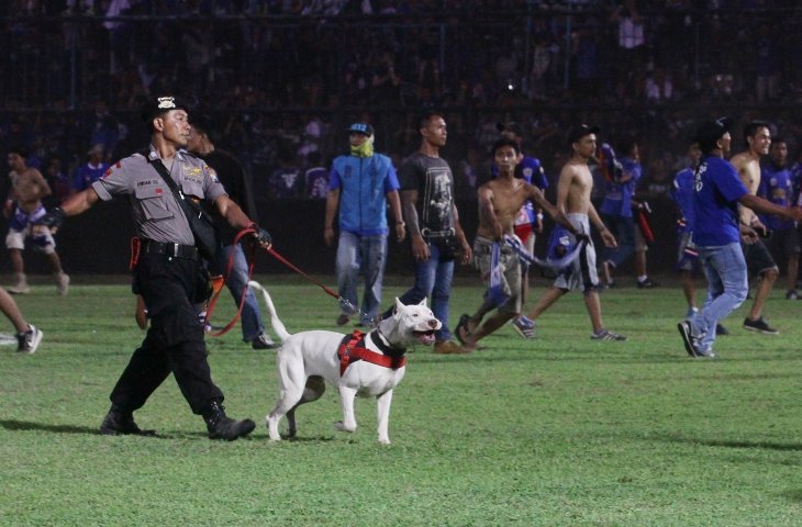 Petugas Satuan K-9 dari Kepolisian berusaha menghalau oknum suporter Arema FC (Aremania) yang memasuki lapangan usai tim kesayangannya mengalahkan Persebaya Surabaya di Stadion Kanjuruhan, Malang, Jawa Timur, Sabtu (6/10) Dalam pertandingan tersebut Arema FC mengalahkan Persebaya dengan skor akhir 1-0. (ANTARA FOTO/Ari Bowo Sucipto)