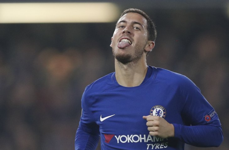 Selebrasi pemain Chelsea, Eden Hazard usai mencetak gol ke gawang AS Roma di ajang Liga Champions 2017 (AFP)