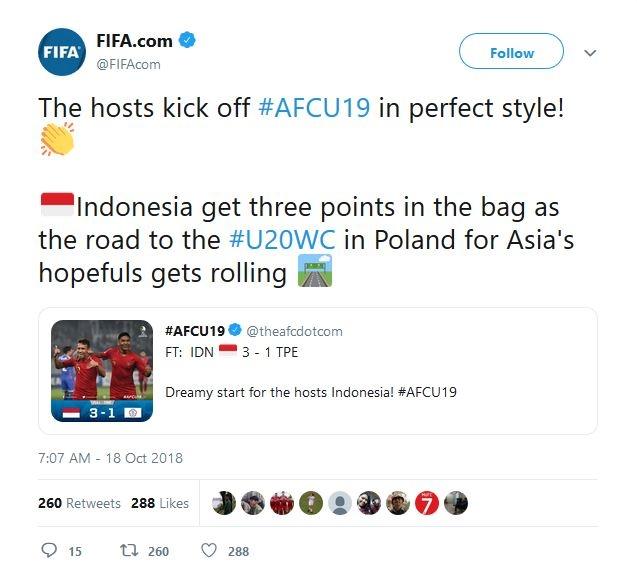 Tulis FIFA di akun Twitternya setelah kemenangan Timnas Indonesia U-19 atas Taiwan (@FIFAcom/Twitter)