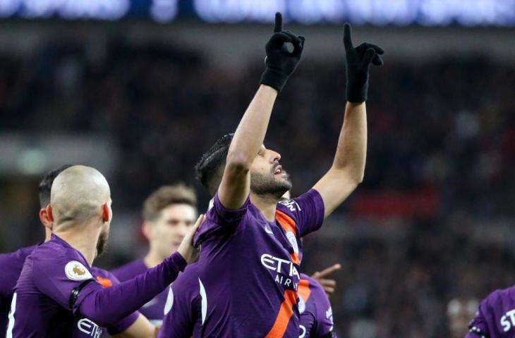 Selebrasi pemain Manchester City, Riyad Mahrez saat mencetak gol ke gawang Tottenham Hotspur (dok mancity)