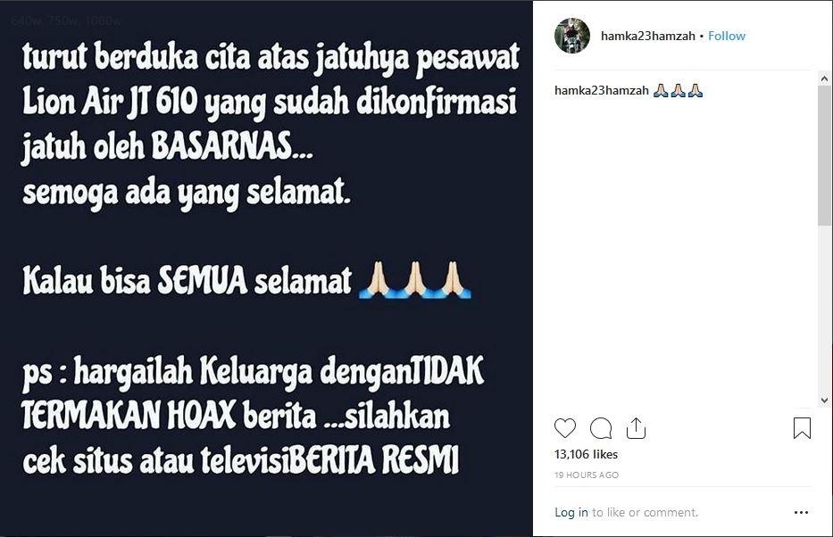 Ucapan duka dan doa Hamkah Hamzah untuk korban pesawat jatuhnya Lion Air JT 610 (@hamka23hamzah/Instagram)