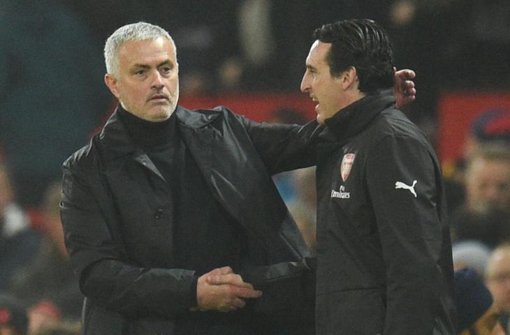 Pelatih Manchester United Jose Mourinho dan Pelatih Arsenal Unai Emery (AFP)