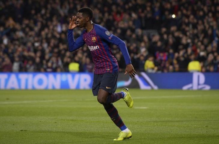 Selebrasi Ousmane Dembele saat mencetak gol ke gawang Tottenham Hotspur pada 11 Desember 2018 (Josep Lago/AFP)