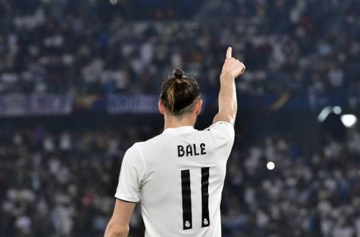 Gareth Bale saat merayakan golnya ke gawang Kashima Antlers pada 19 Desember 2018 (Giuseppe Cacace/AFP)