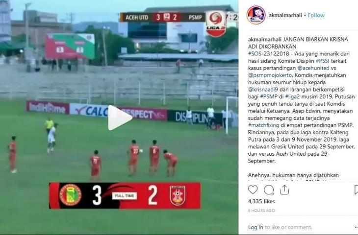 Video tendangan penalti Krisna Adi Darma yang diunggah Akmal Marhali. (@akmalmarhali/Instagram)