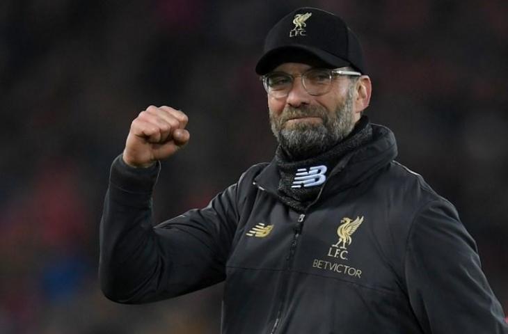 Ekspresi manajer Liverpool, Jurgen Klopp usai Liverpool mampu membantai Arsenal dengan skor telak 5-1 di Anfield pada laga lanjutan pekan ke-20 Liga Primer Inggris, Minggu (30/12/2018) dini hari tadi. [PAUL ELLIS / AFP]