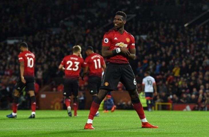 Selebrasi Paul Pogba saat mencetak gol ke gawang Bournemouth pada 30 Desember 2018 (Paul Ellis/AFP)