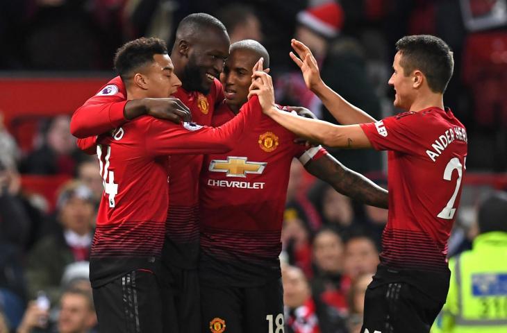 Pemain Manchester United merayakan gol ke gawang Bournemouth pada pekan ke-20 Liga Primer Inggris di Stadion Old Trafford, Manchester (AFP)