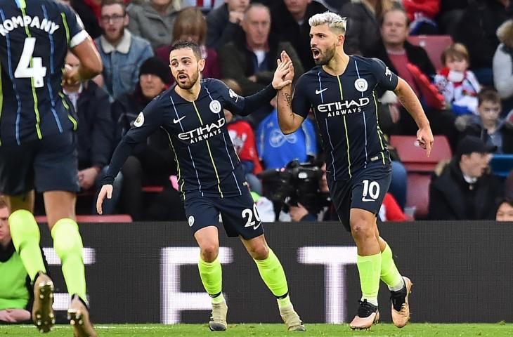 Pemain Manchester City, Sergio Aguero merayakan gol ke gawang Southampton pada pekan ke-20 Liga Primer Inggris di St Mary's Stadium, Southampton (30/12/2018) (AFP)