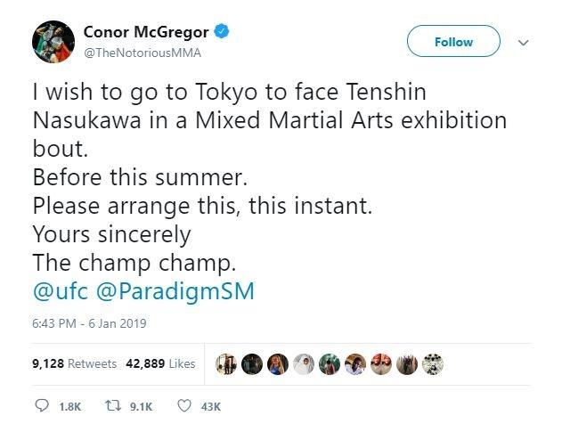 Tantangan Conor McGregor pada Tenshin Nasukawa. (Twitter/@TheNotoriousMMA)