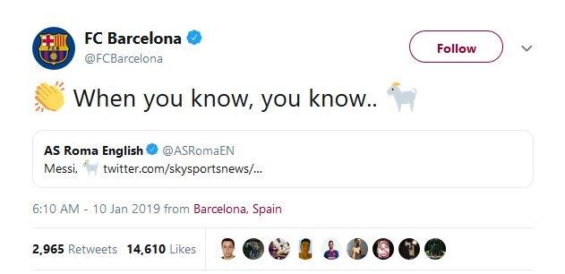 Barcelona membalas cuitan AS Roma (twitter.com/FCBarcelona)