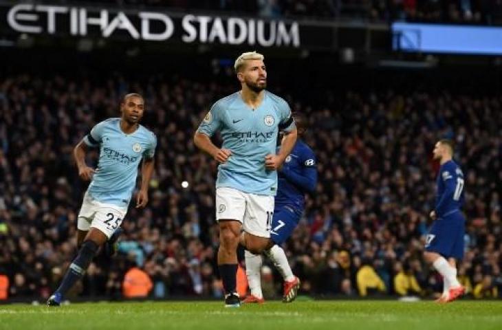 Sergio Aguero berhasil mencetak hattrick ke gawang Chelsea pada pertandingan di Etihad Stadium, Minggu (10/2/2019) malam WIB. (PAUL ELLIS / AFP)