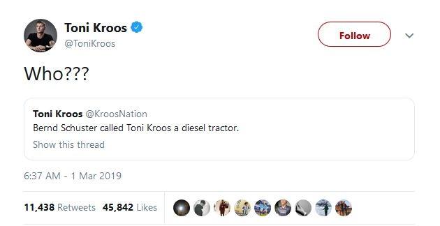 Jawaban Toni Kroos atas kritik dari Bernd Schuster (twitter.com/ToniKroos)