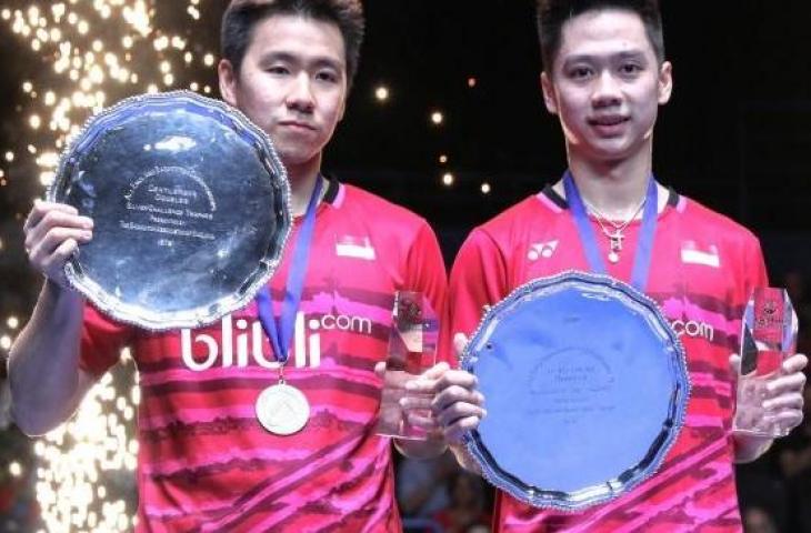 Pasangan ganda putra Indonesia, Kevin Sanjaya Sukamuljo/Marcus Fernaldi Gideon, menjuarai turnamen All England 2017. [Humas PBSI]