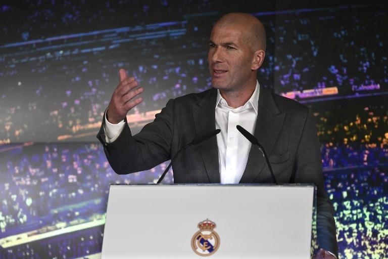 Zinedine Zidane saat sesi konferensi pers setelah ditunjuk kembali menjadi pelatih Real Madrid pada 11 Maret 2019 (Pierre-Philippe Marcou/AFP)