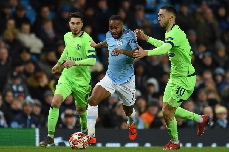 Penyerang Manchester City, Raheem Sterling saat melawan Schalke di Liga Champions pada 12 Maret 2019 (Oli Scarff/AFP)