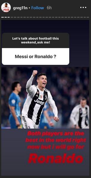 Jawaban Greg Nwokolo mengenai siapa yang terbaik di antara Lionel Messi dan Cristiano Ronaldo (instagram.com/greg11n)