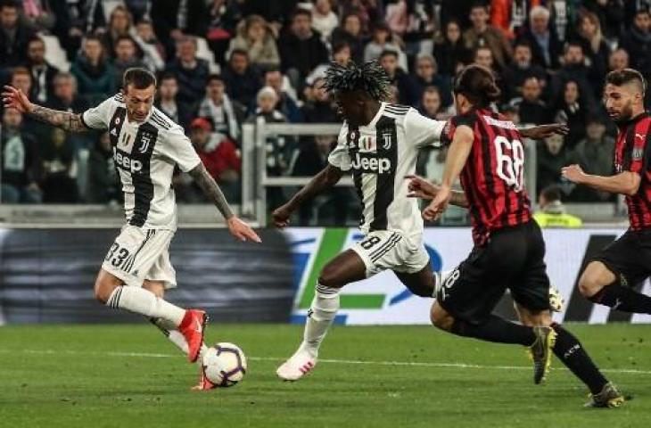 Moise Kean sukses mencetak gol penentu kemenangan Juventus atas AC Milan dalam lanjutan Serie A Italia pada Sabtu, (6/4/2019). (ISABELLA BONOTTO / AFP)