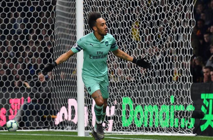 Pemain Arsenal, Pierre-Emerick Aubameyang cetak gol satu-satunya untuk kemenangan Arsenal atas Watford, Senin (15/4/2019) malam tadi. [BEN STANSALL / AFP]