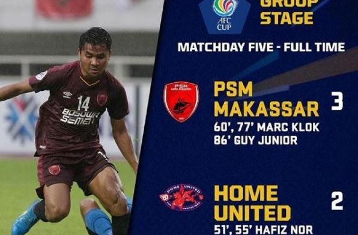 Sempat tertinggal dua gol, PSM Makassar sukses membalikkan keadaan dan menang 3-2 atas Home United pada pertandingan kelima Grup H Piala AFC 2019, di Stadion Pakansari, Cibinong, Bogor, Selasa (30/4/2019) sore WIB. (Instagram/foxsportsasia)