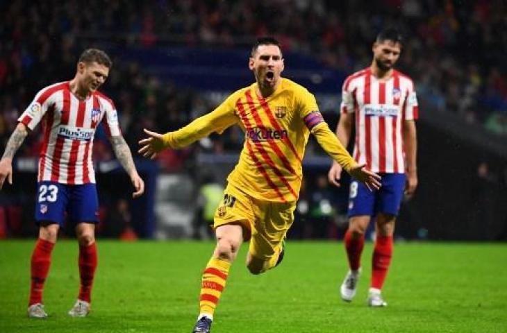 Selebrasi Lionel Messi usai cetak gol ke gawang Atletico Madrid. (GABRIEL BOUYS / AFP)