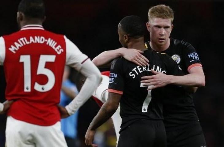 Kevin De Bruyne sukses mencetak dua gol untuk kemenangan Manchester City 3-0 atas Arsenal. (IAN KINGTON / IKIMAGES / AFP)