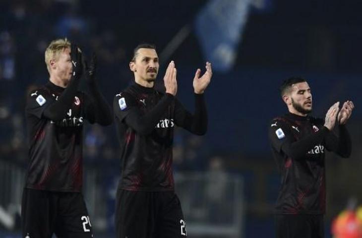 Selebrasi pemain AC Milan usai membungkam Brescia dengan skor 1-0 pada pekan ke-21 Serie A Italia. (MIGUEL MEDINA / AFP)