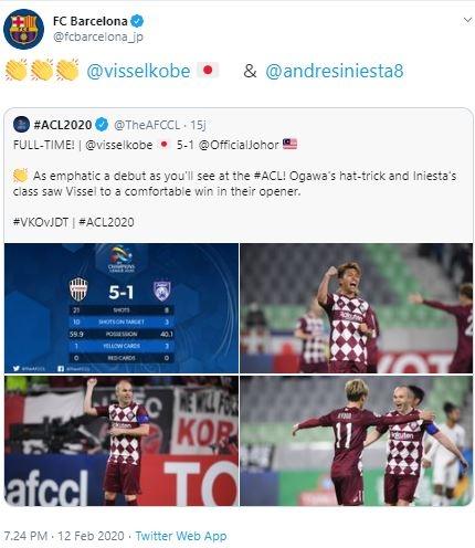 Barcelona beri tepuk tangan untuk Andres Iniesta dan Vissel Kobe. (Twitter/@fcbarcelona_jp).