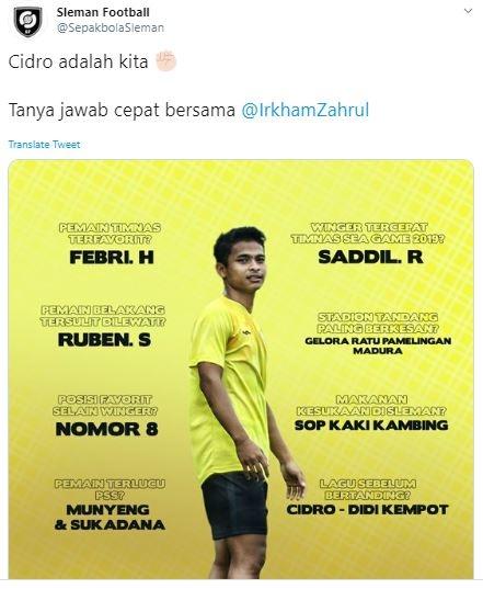 Irkham Milla suka mendengarkan lagu Cidro. (Twitter/@sepakbolaSleman).