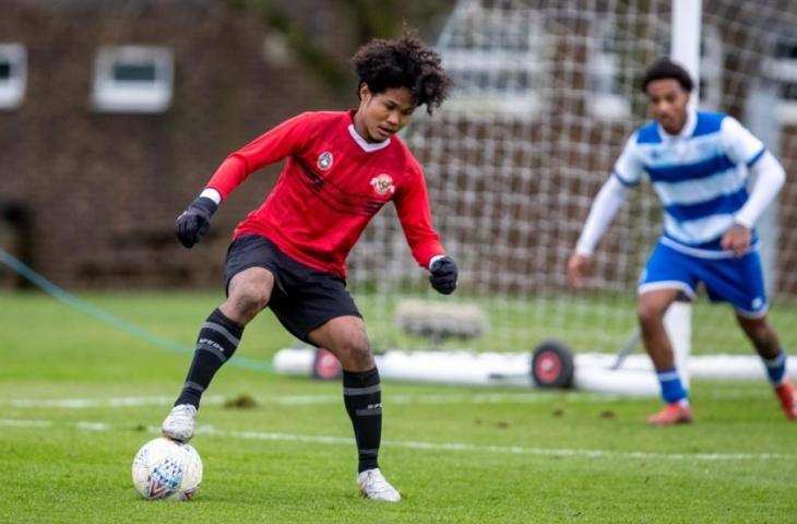 Aksi Bagus Kahfi saat mencetak hattrick ke gawang Preston North End U-18. (Dok. PSSI)