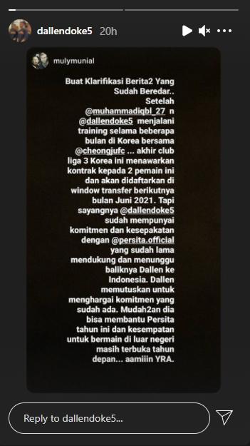 Klarifikasi Dallen Doke lepas tawaran Liga Korea. (Instagram/dallendoke5)