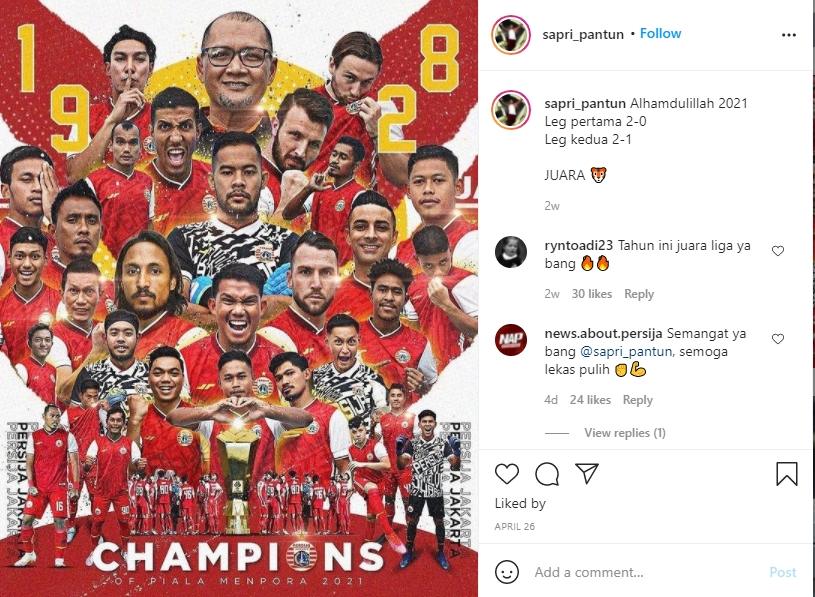 Sapri Pantun membagikan poster kemenangan Persija di Piala Menpora 2021. (Instagram/sapri_pantun)