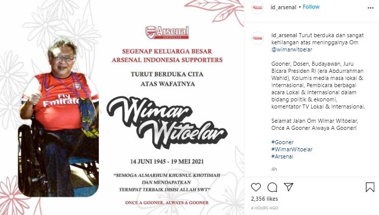 Suporter Arsenal Indonesia turut berduka atas meninggalnya Wimar Witoelar. (Instagram/@id.arsenal)